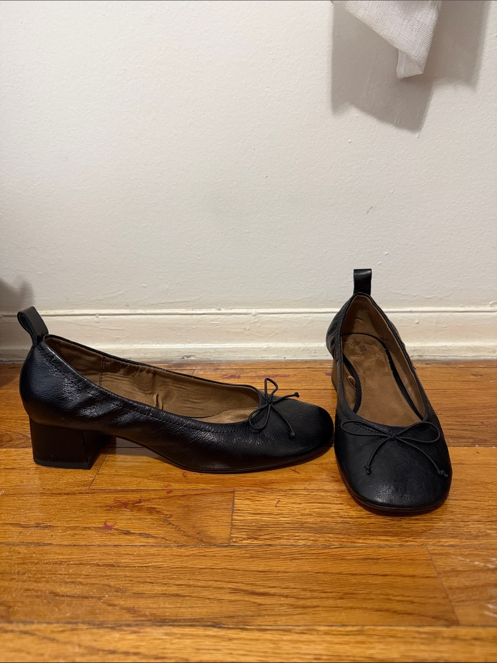 Zara Black Leather Mid Block Heel Ballet Flats